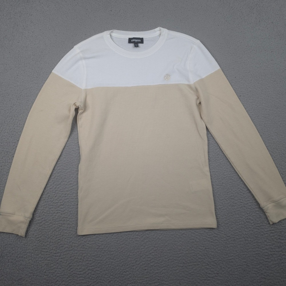 Express Thermal Shirt Mens‎ Medium Long Sleeve Waffle Knit Tan White Colorblock